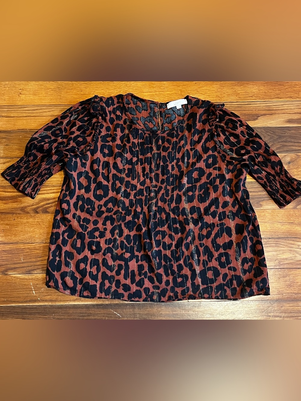 LOFT Burgundy Black Leopard Print Metallic Stripe Ruffle Sleeve Blouse Large